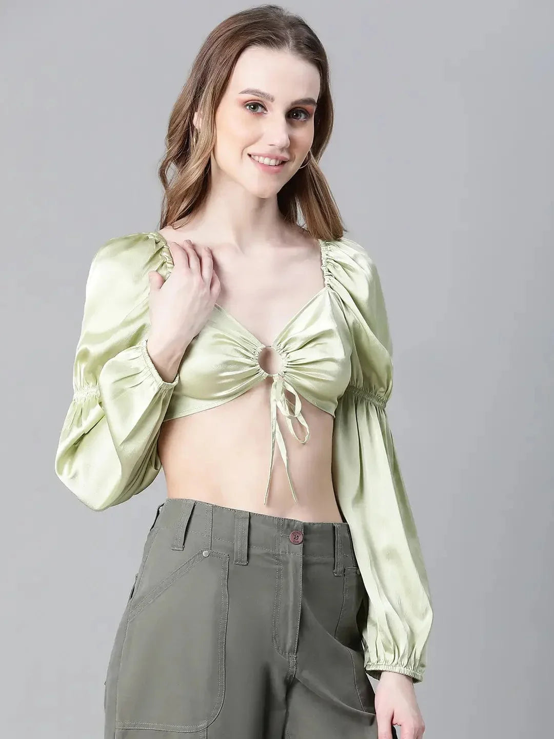 Women Soild Green V-Neck Ring With Tie-Up Detailed Satin Crop Top - oxolloxo