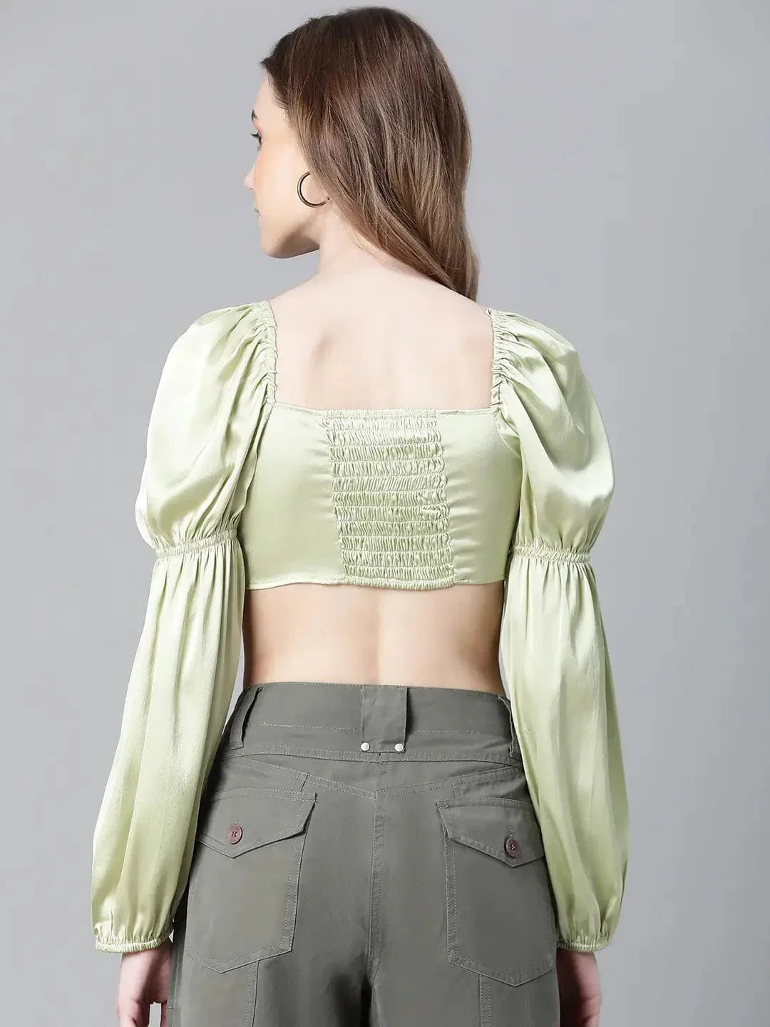 Women Soild Green V-Neck Ring With Tie-Up Detailed Satin Crop Top - oxolloxo