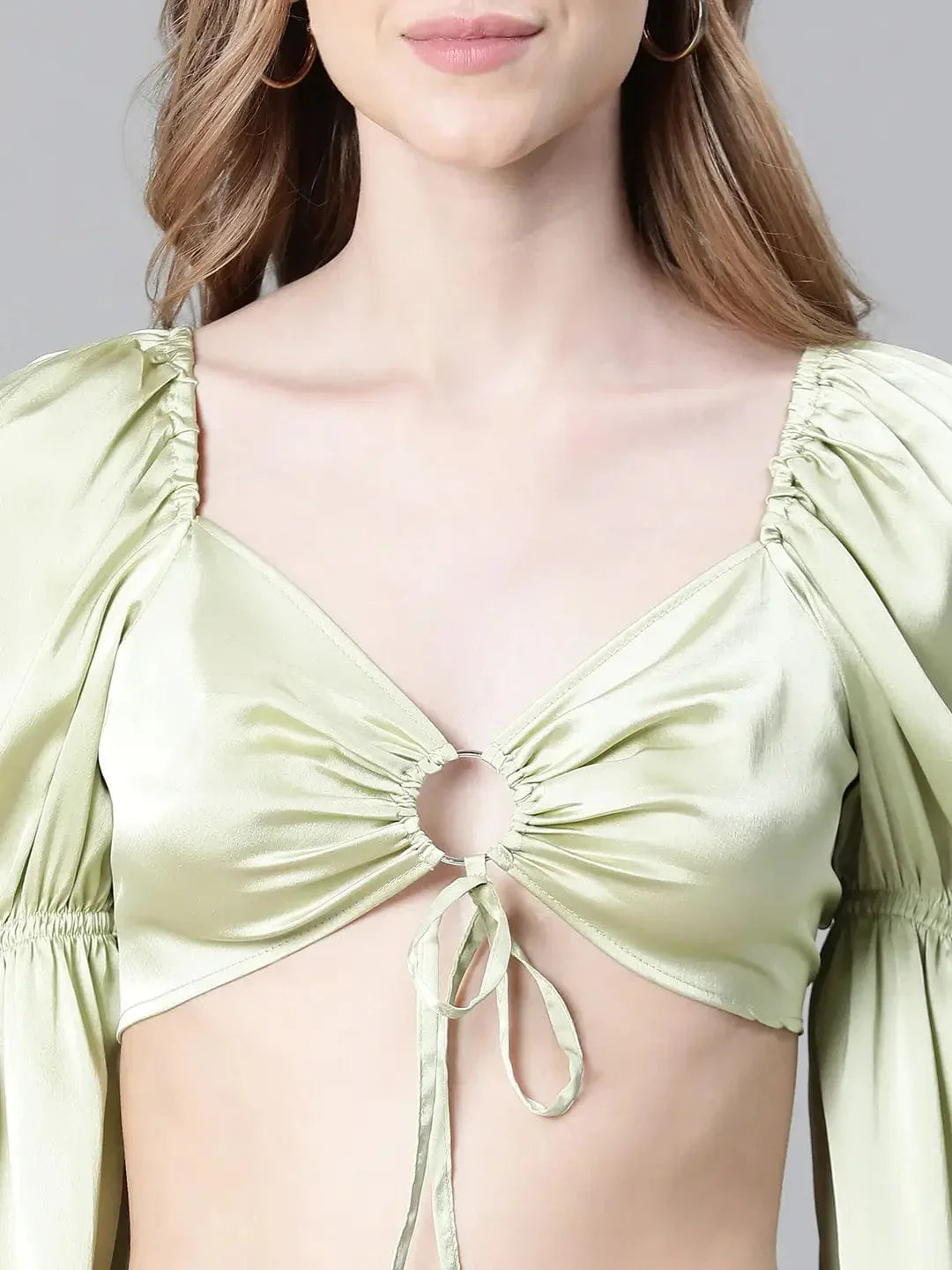 Women Soild Green V-Neck Ring With Tie-Up Detailed Satin Crop Top - oxolloxo