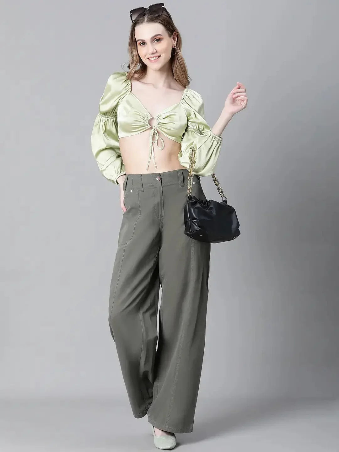 Women Soild Green V-Neck Ring With Tie-Up Detailed Satin Crop Top - oxolloxo