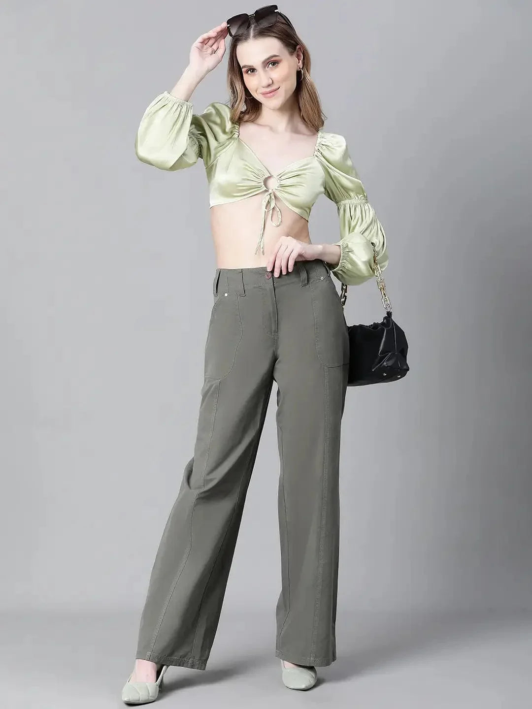 Women Soild Green V-Neck Ring With Tie-Up Detailed Satin Crop Top - oxolloxo