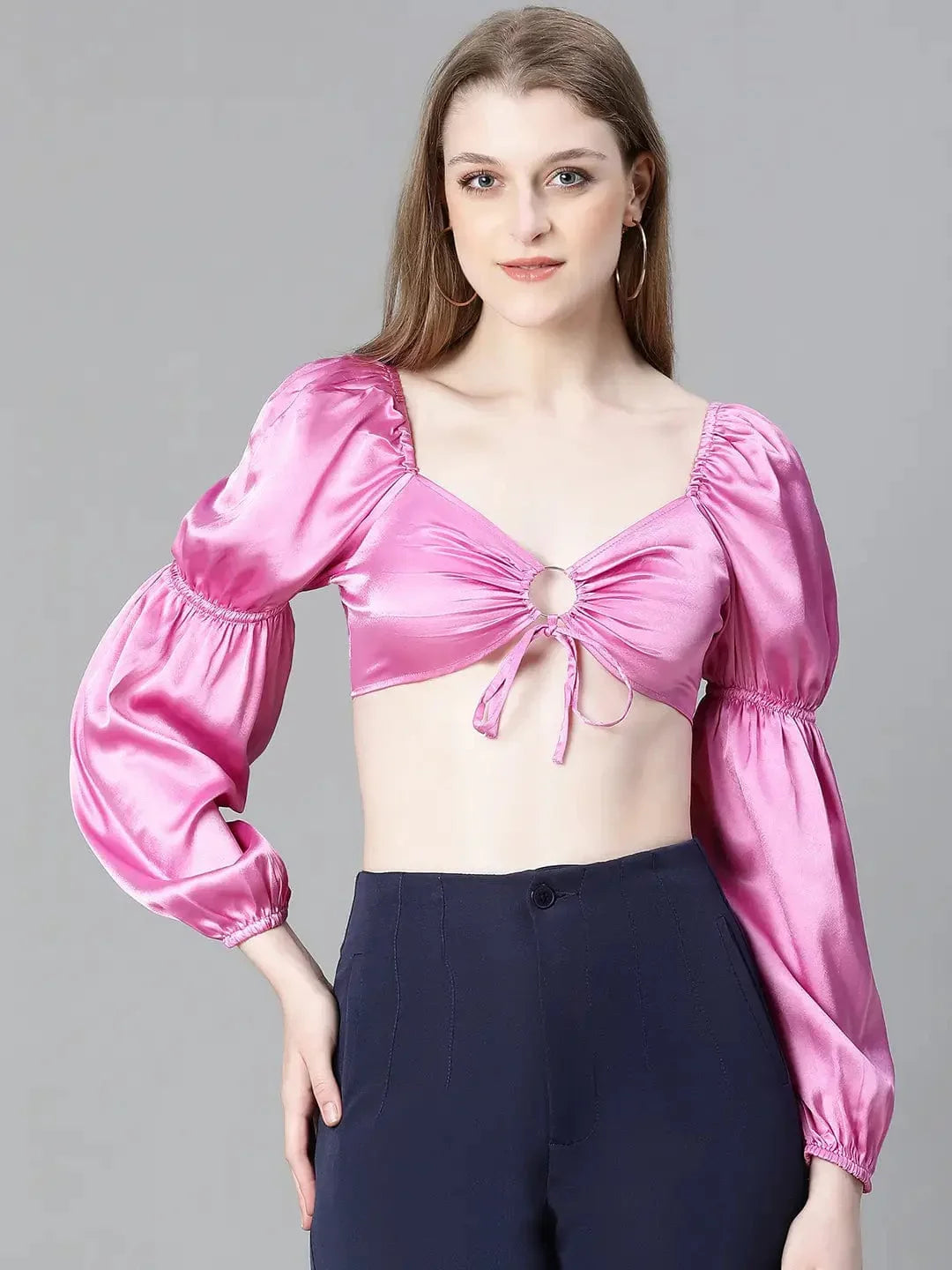 Women Soild Pink V-Neck Ring With Tie-Up Detailed Satin Crop Top - oxolloxo