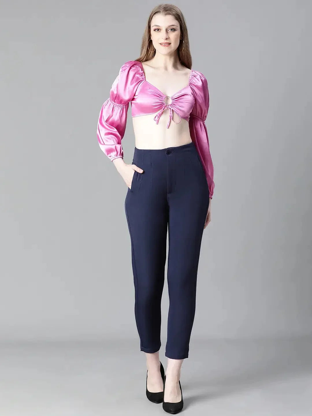 Women Soild Pink V-Neck Ring With Tie-Up Detailed Satin Crop Top - oxolloxo