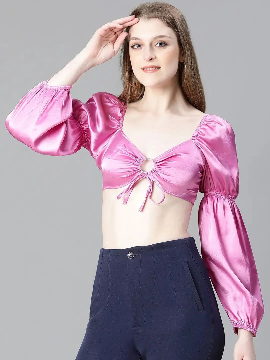 Women Soild Pink V-Neck Ring With Tie-Up Detailed Satin Crop Top - oxolloxo