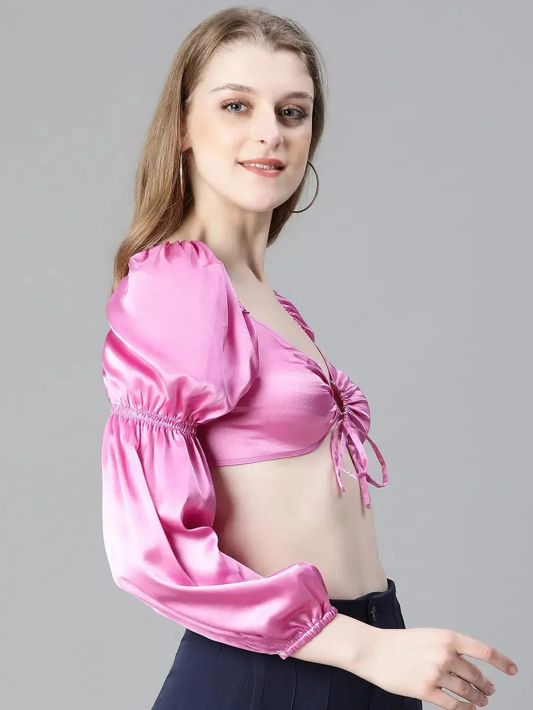Women Soild Pink V-Neck Ring With Tie-Up Detailed Satin Crop Top - oxolloxo