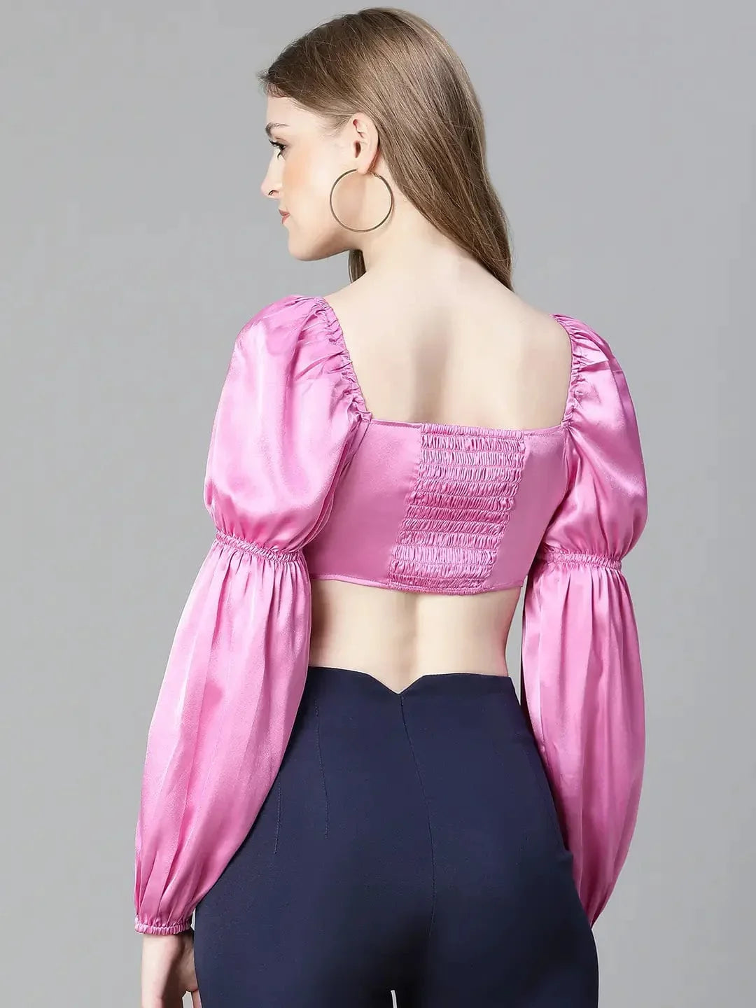 Women Soild Pink V-Neck Ring With Tie-Up Detailed Satin Crop Top - oxolloxo