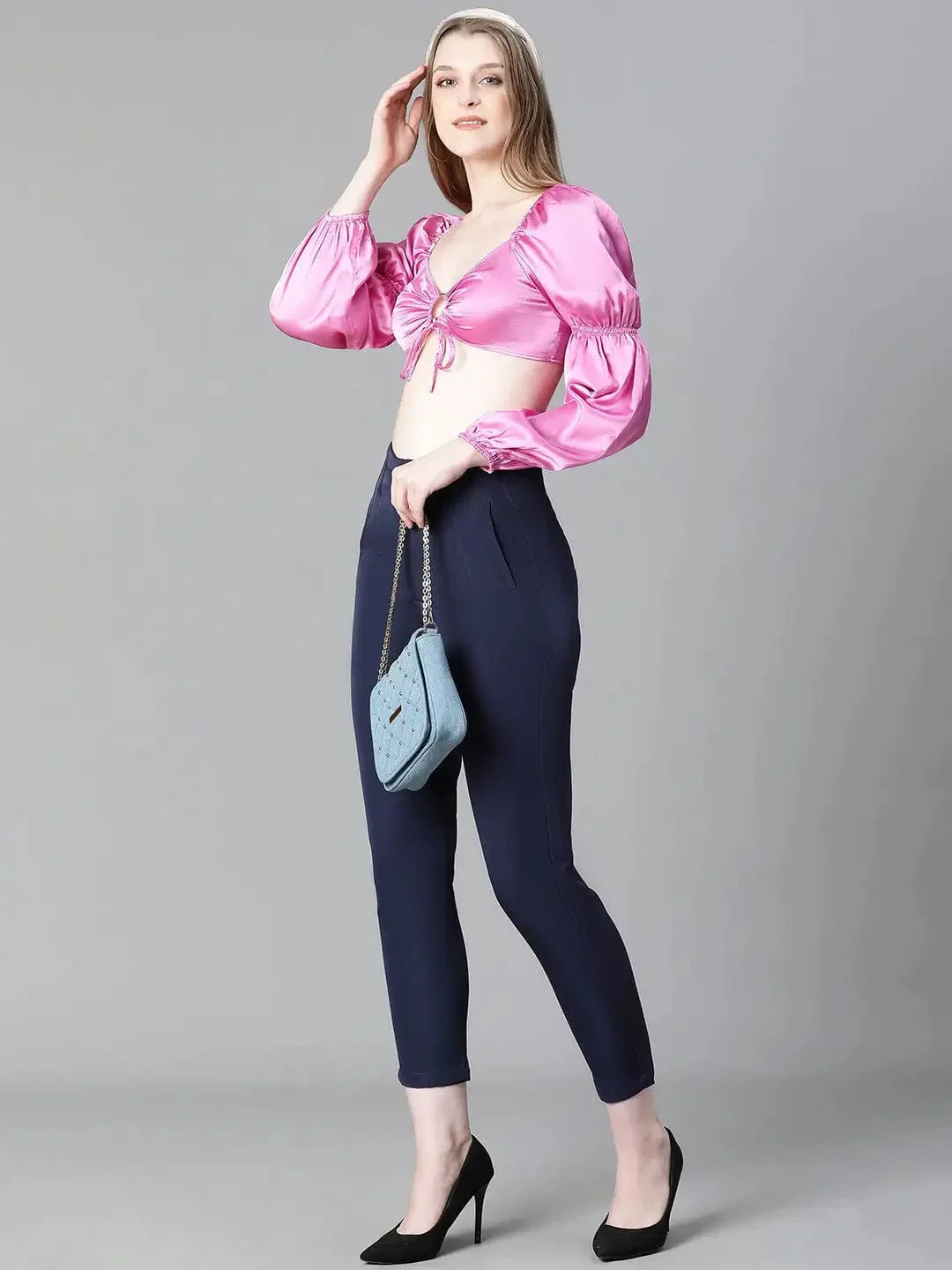 Women Soild Pink V-Neck Ring With Tie-Up Detailed Satin Crop Top - oxolloxo