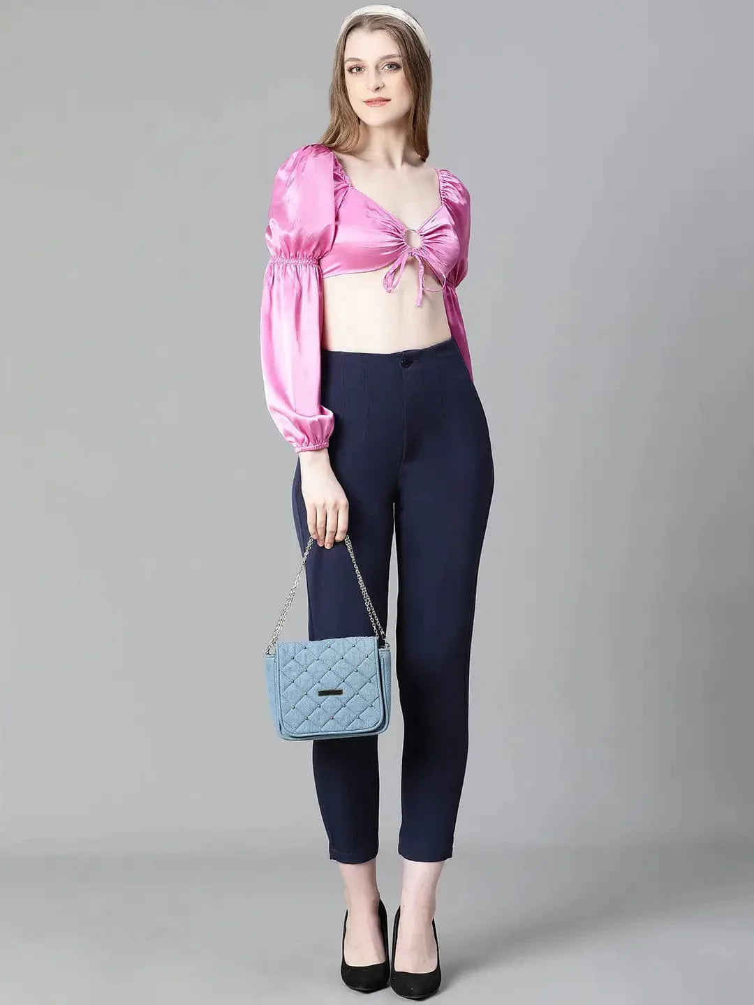 Women Soild Pink V-Neck Ring With Tie-Up Detailed Satin Crop Top - oxolloxo