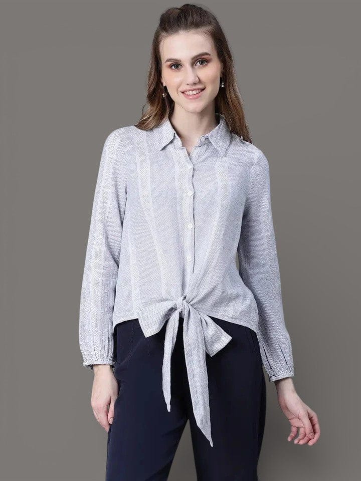 Women Blue Floral Print Tie-Up Collared Long Sleeve Cotton Shirt