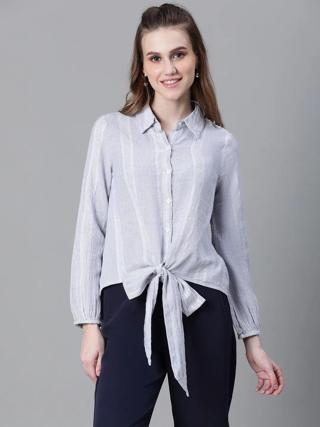 Women Blue Floral Print Tie-Up Collared Long Sleeve Cotton Shirt - oxolloxo