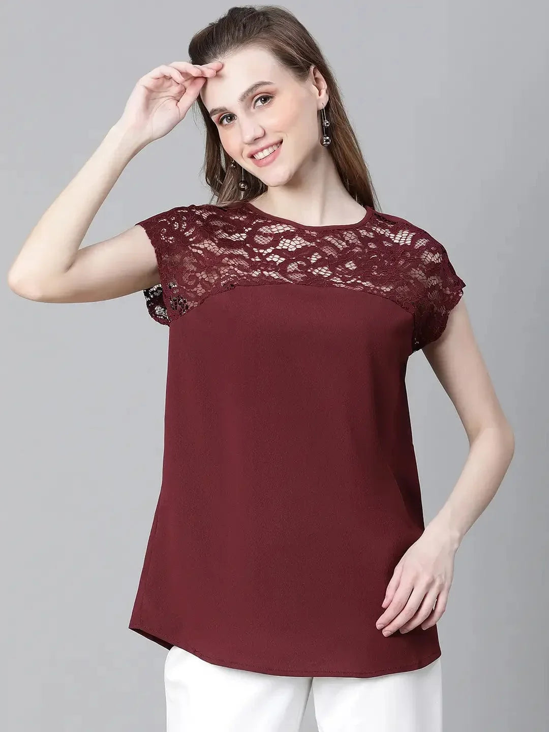 Women Soild Maroon Round Neck Short Sleeve Net Deatiled Top - oxolloxo