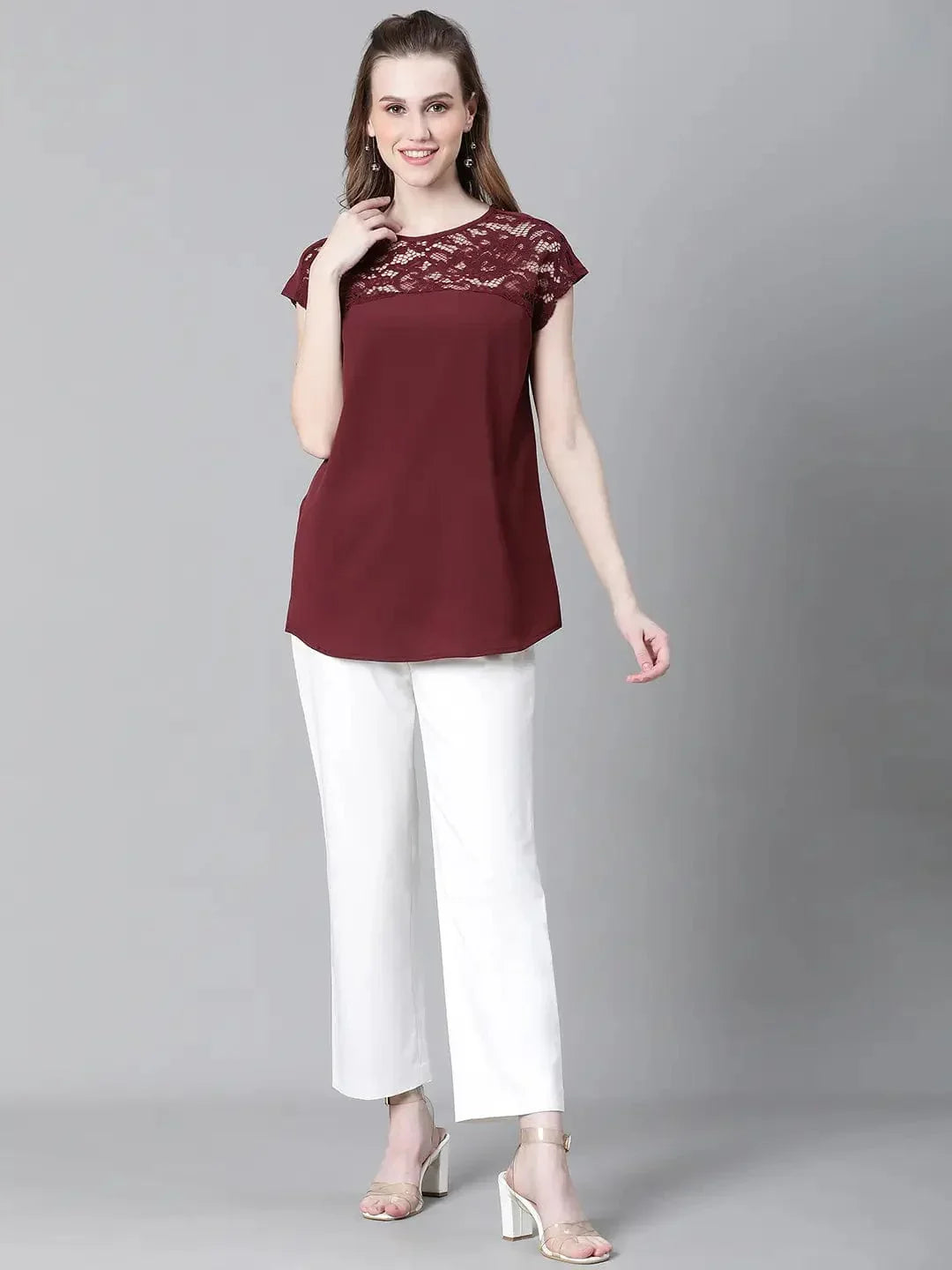 Women Soild Maroon Round Neck Short Sleeve Net Deatiled Top - oxolloxo