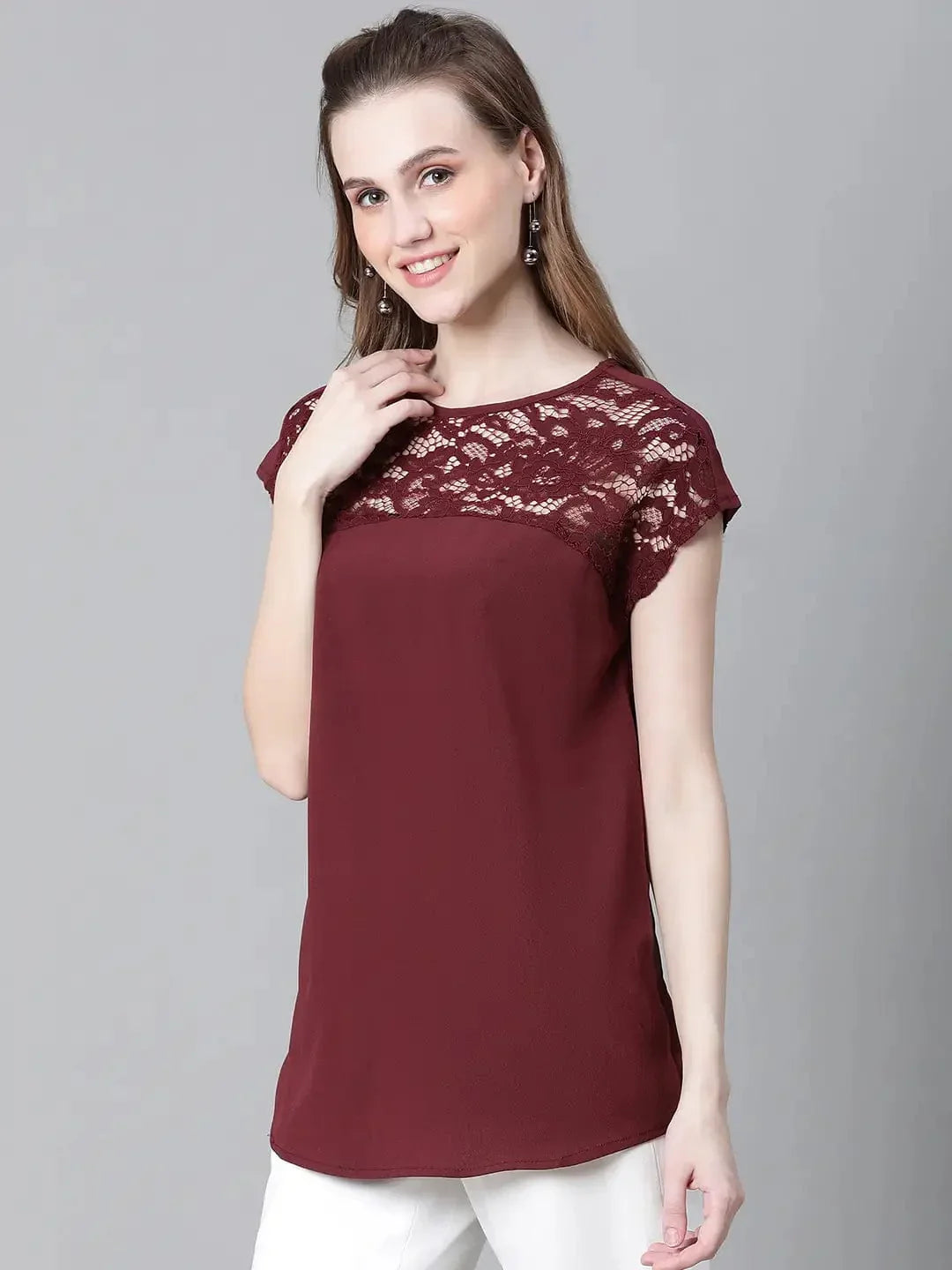Women Soild Maroon Round Neck Short Sleeve Net Deatiled Top - oxolloxo