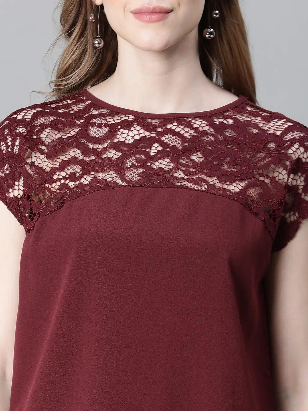 Women Soild Maroon Round Neck Short Sleeve Net Deatiled Top - oxolloxo