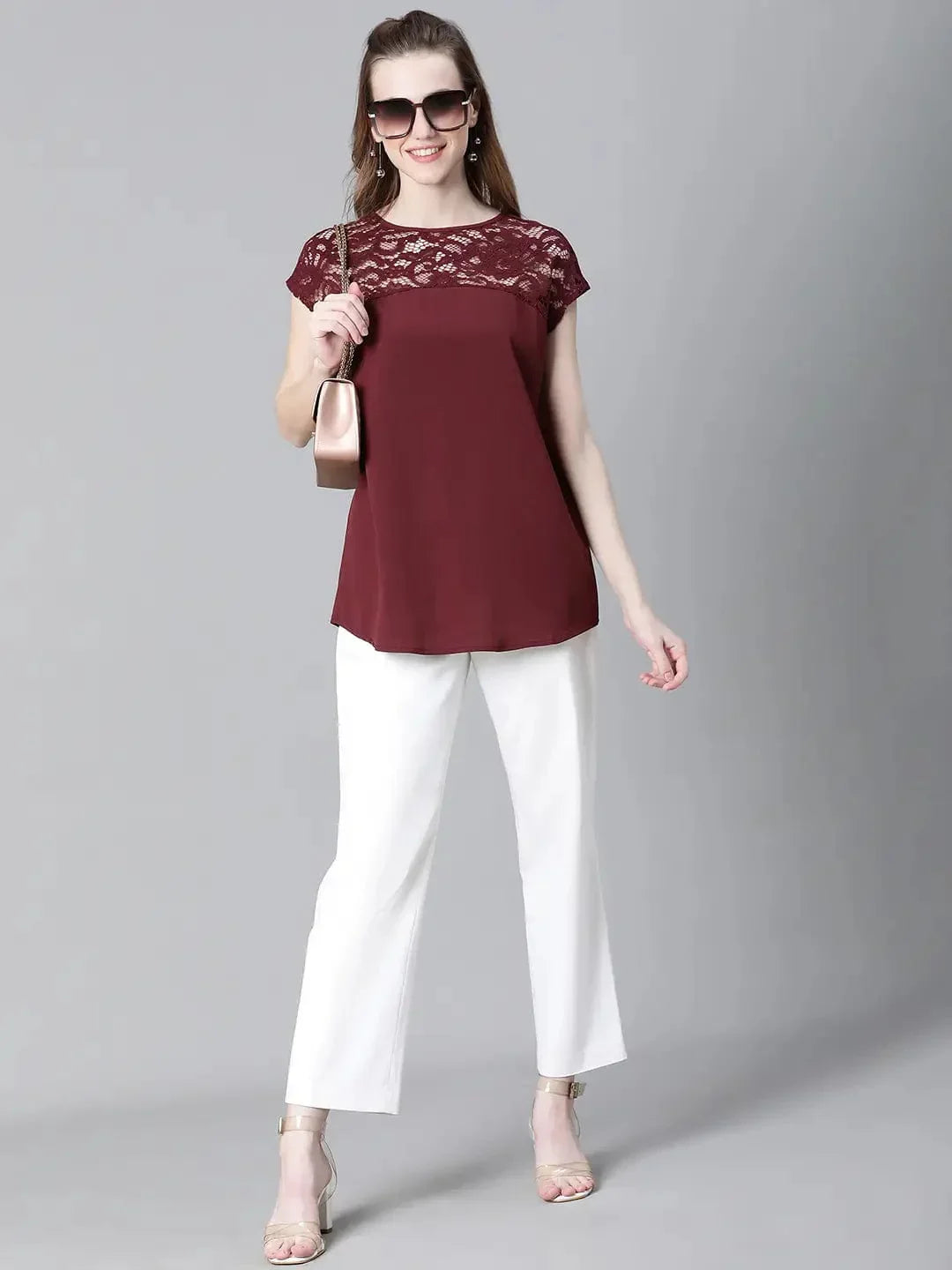 Women Soild Maroon Round Neck Short Sleeve Net Deatiled Top - oxolloxo