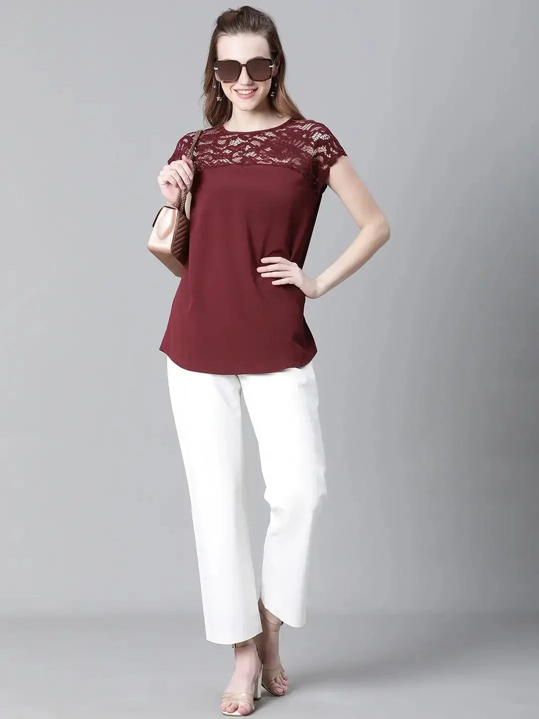 Women Soild Maroon Round Neck Short Sleeve Net Deatiled Top - oxolloxo