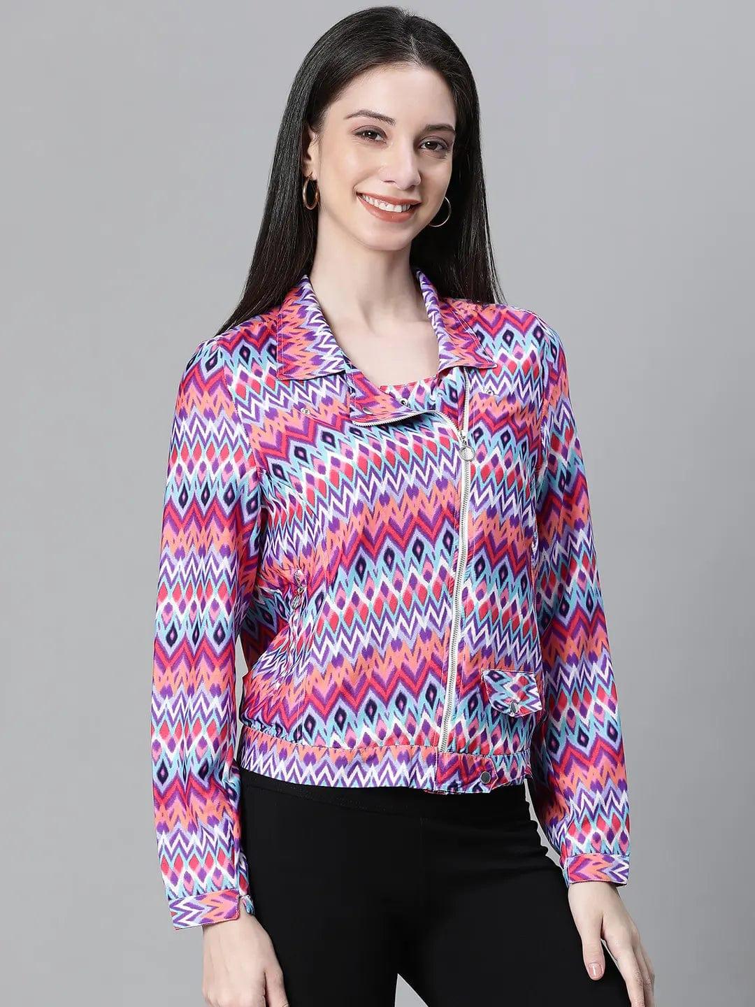 Women Multicolor Bomber Jacket With Lining Zipped Long Sleeve