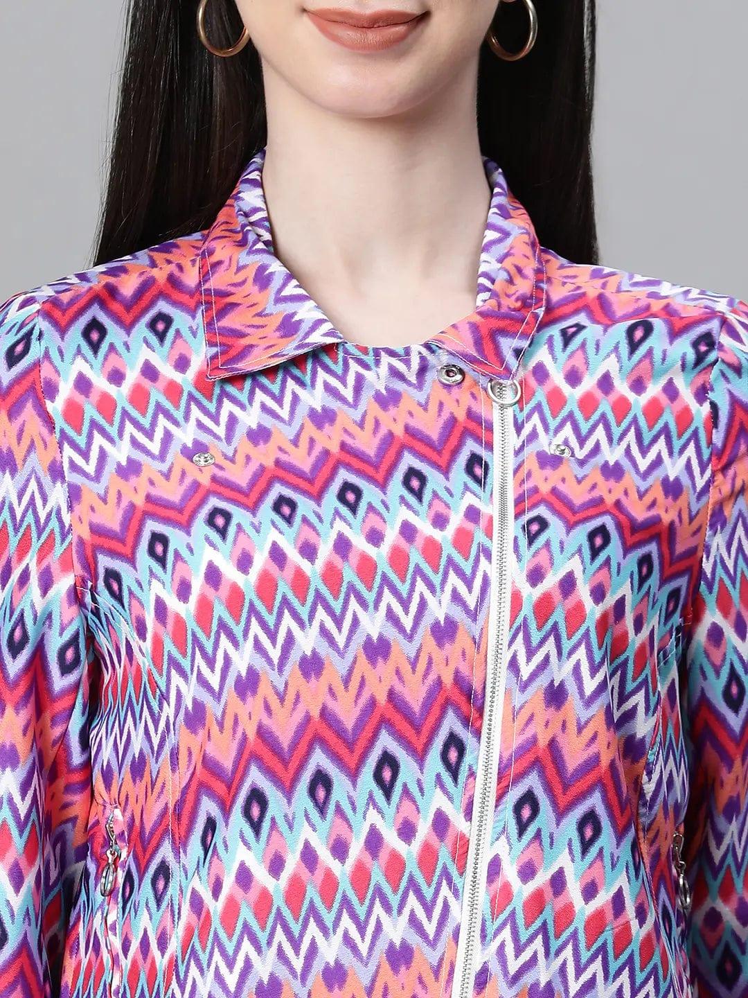 Women Multicolor Bomber Jacket With Lining Zipped Long Sleeve