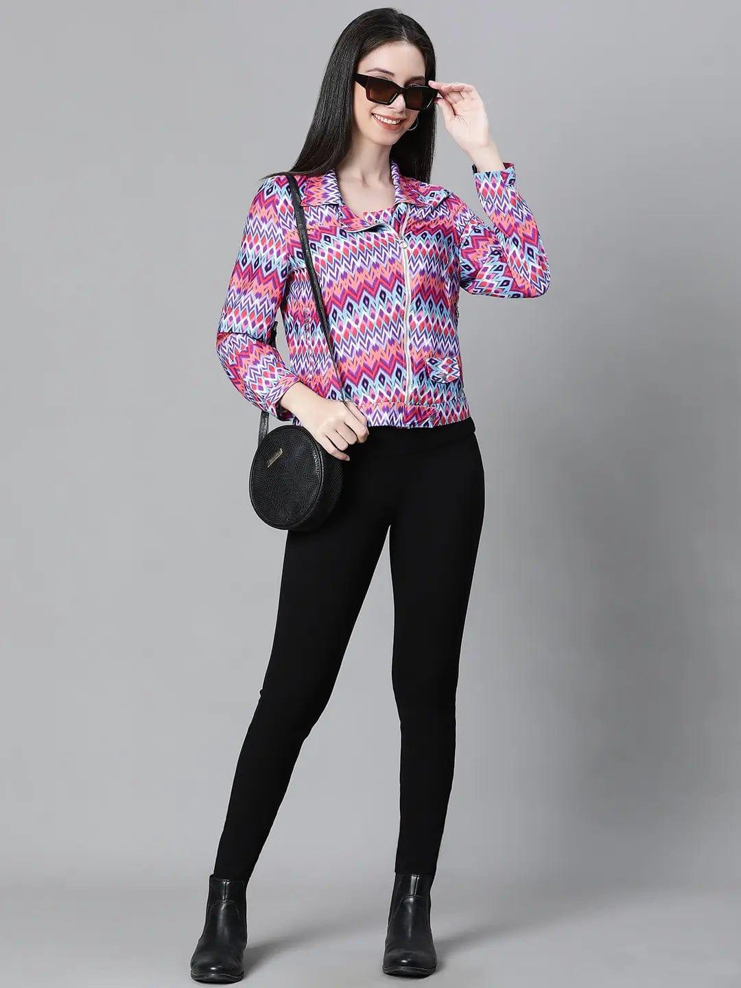 Women Multicolor Bomber Jacket With Lining Zipped Long Sleeve