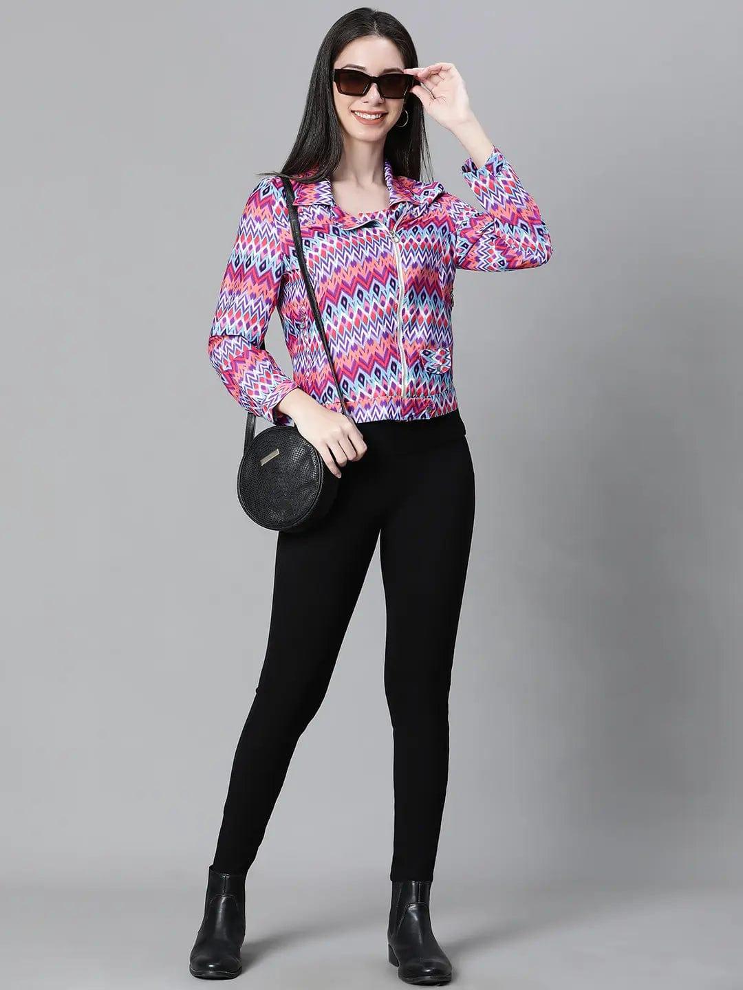 Women Multicolor Bomber Jacket With Lining Zipped Long Sleeve