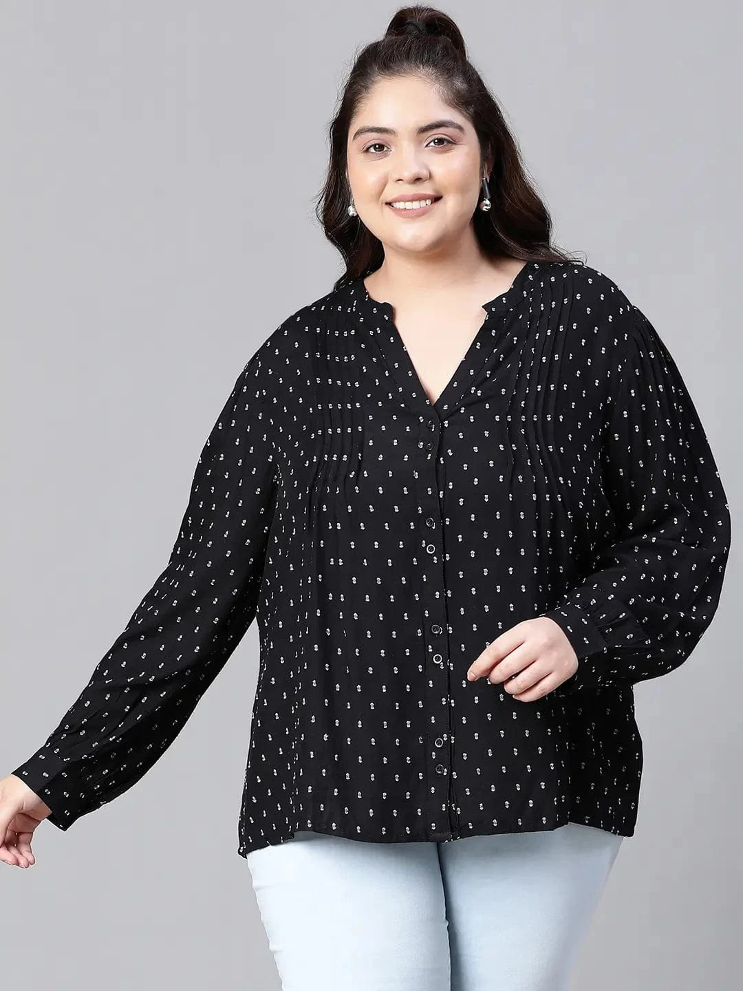 Women Plus Size Black Floral Print V-Neck Long Sleeve Top