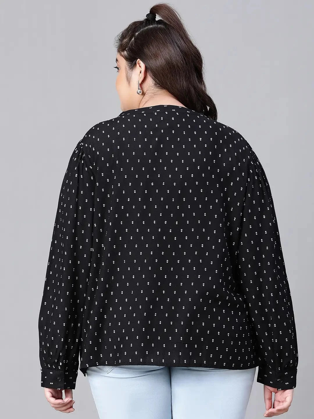 Women Plus Size Black Floral Print V-Neck Long Sleeve Top