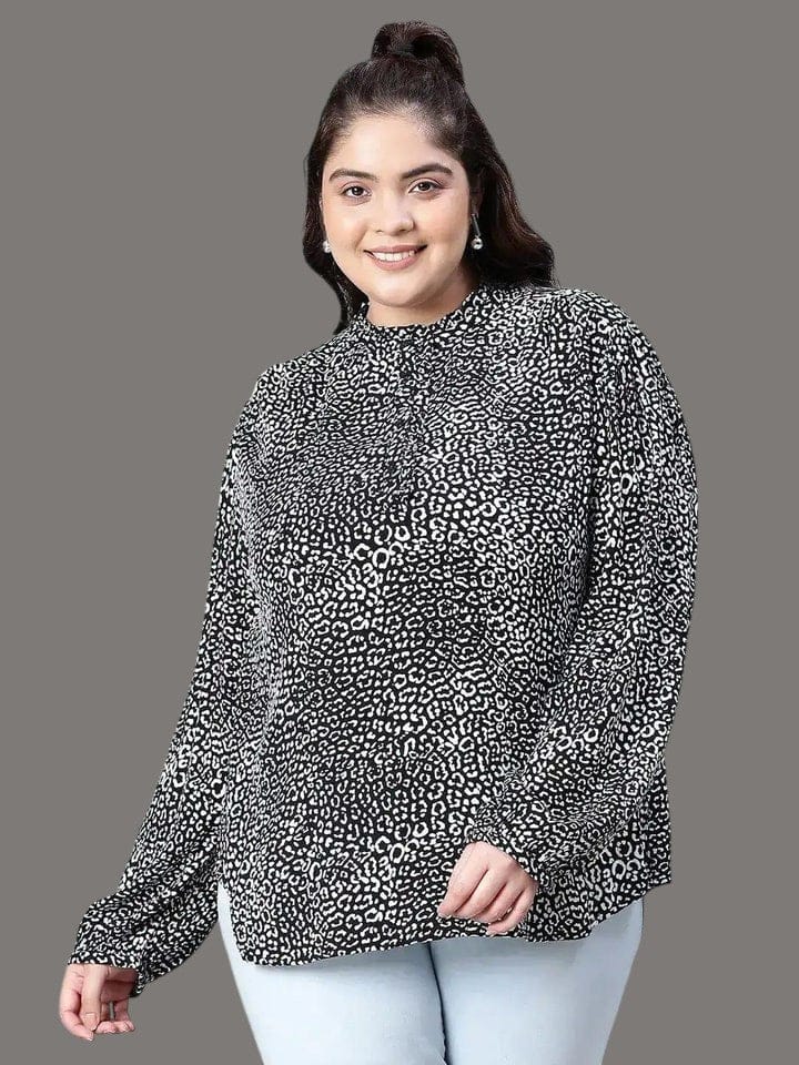 Plus Size Women Top - Black Animal Print Loopy Long Sleeve Blouse With Button Placket