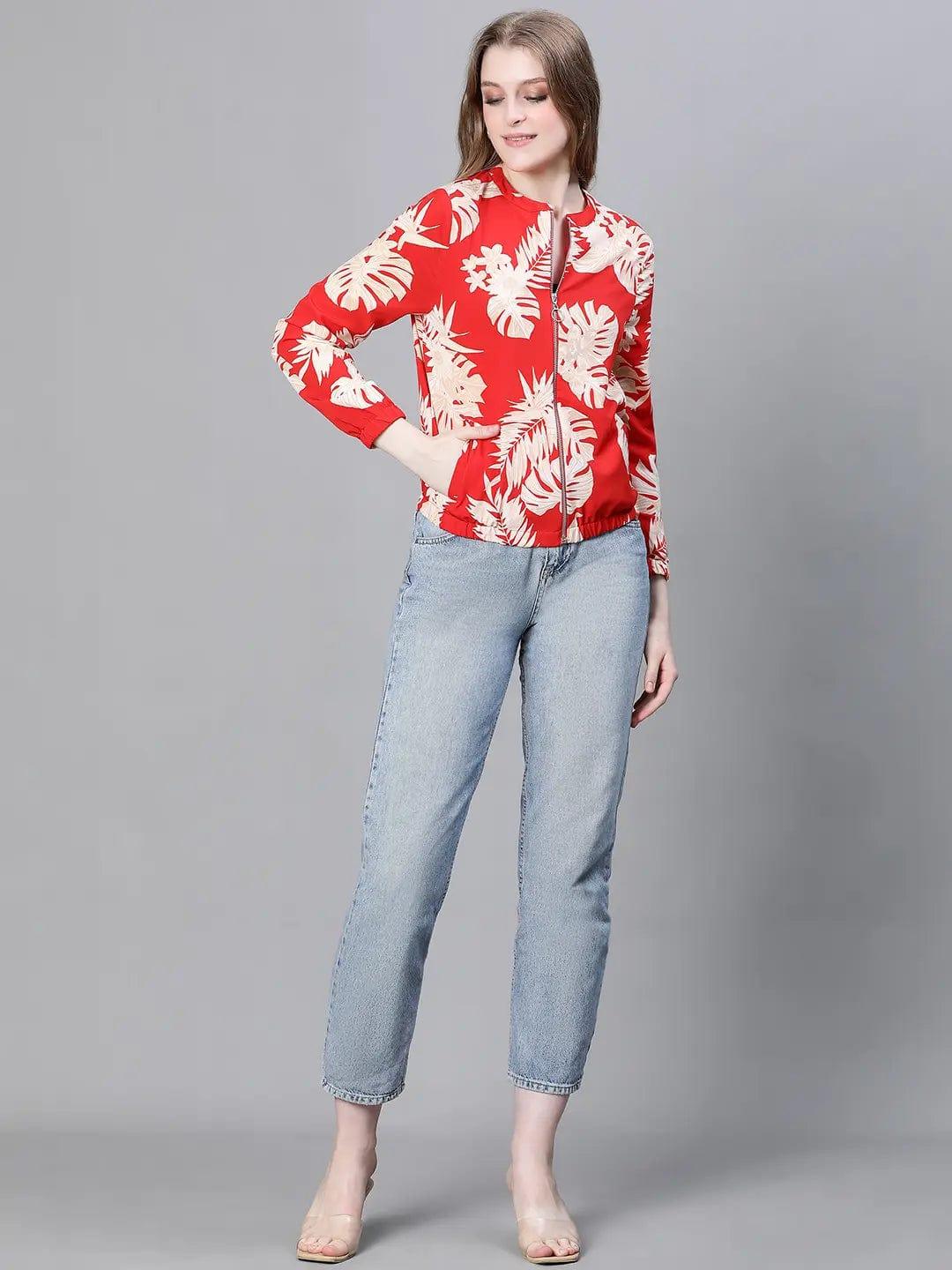 Women Red Floral Print Round Neck Zip Lined Bomber Jacket