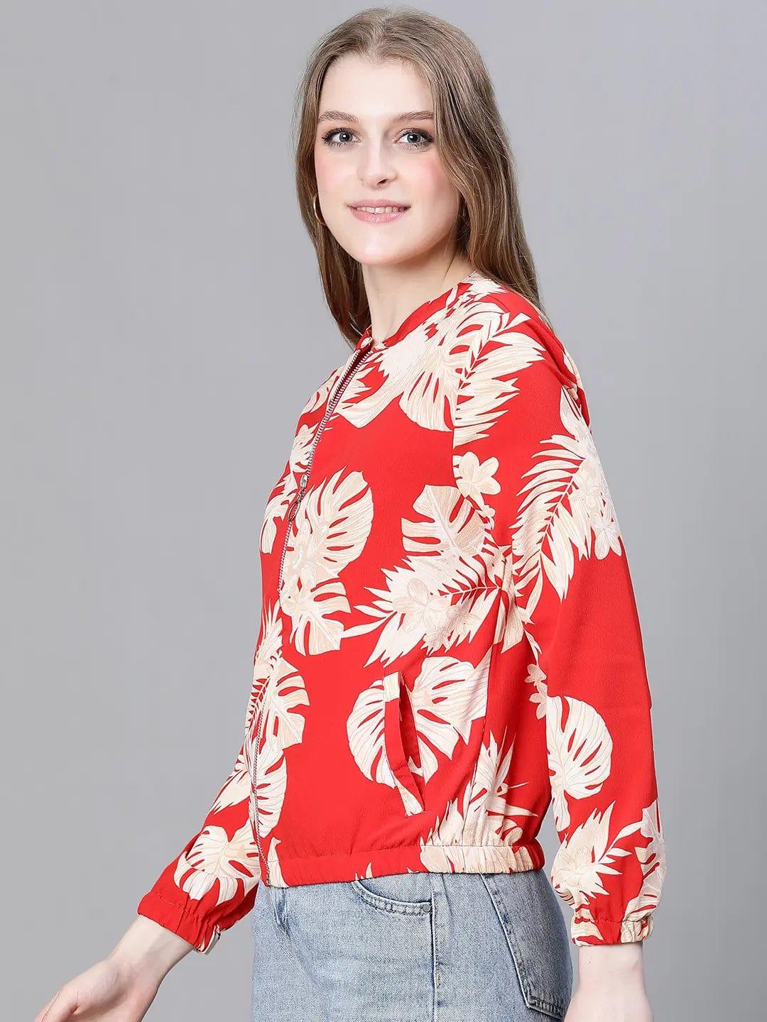 Women Red Floral Print Round Neck Zip Lined Bomber Jacket