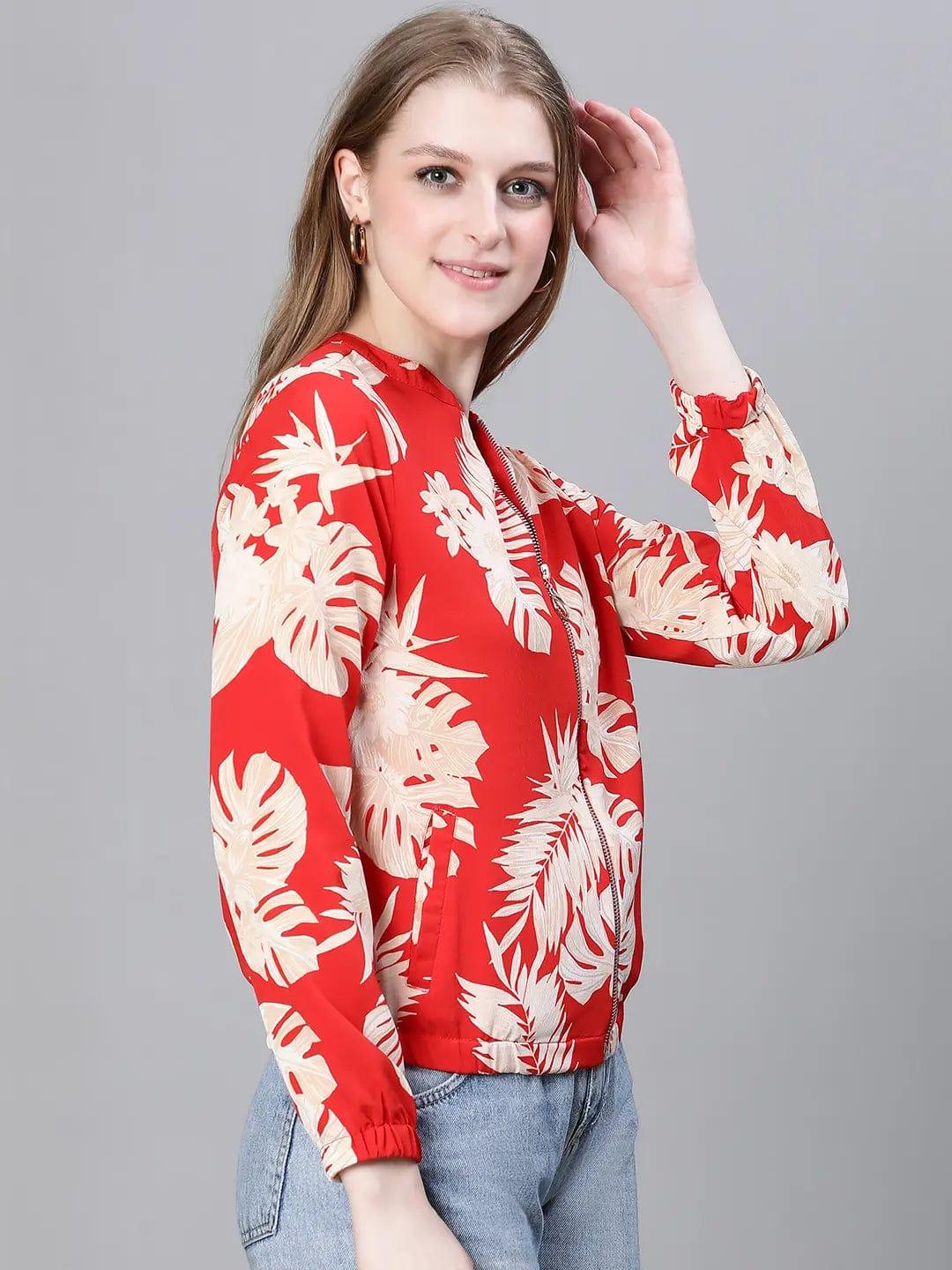 Women Red Floral Print Round Neck Zip Lined Bomber Jacket