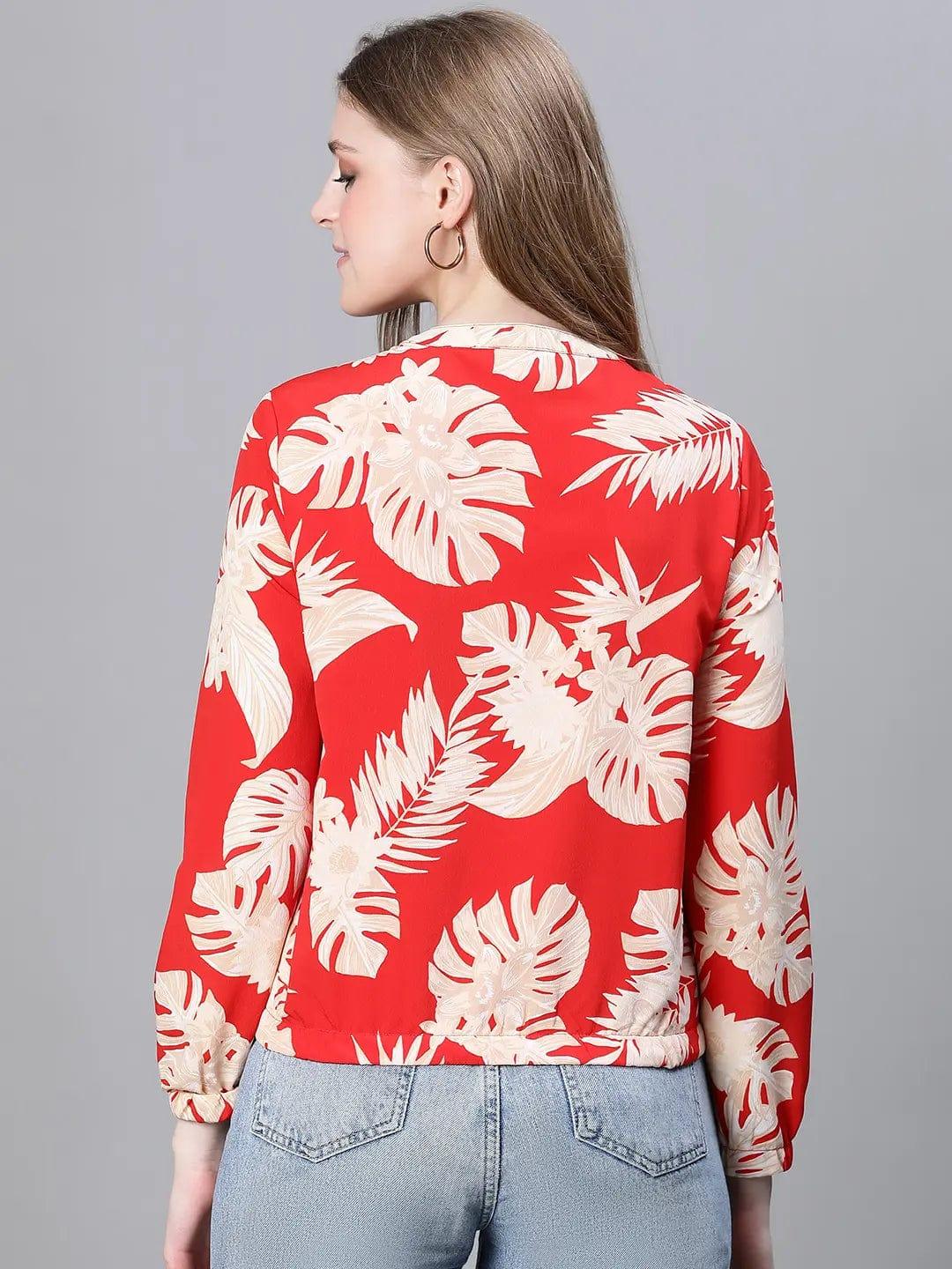 Women Red Floral Print Round Neck Zip Lined Bomber Jacket