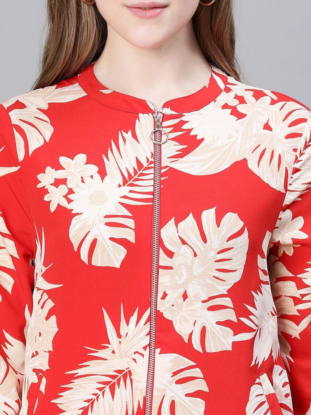 Women Red Floral Print Round Neck Zip Lined Bomber Jacket