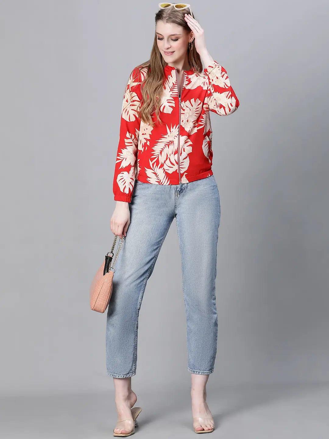 Women Red Floral Print Round Neck Zip Lined Bomber Jacket