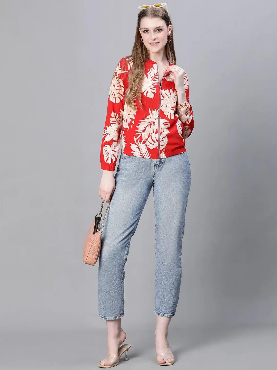 Women Red Floral Print Round Neck Zip Lined Bomber Jacket