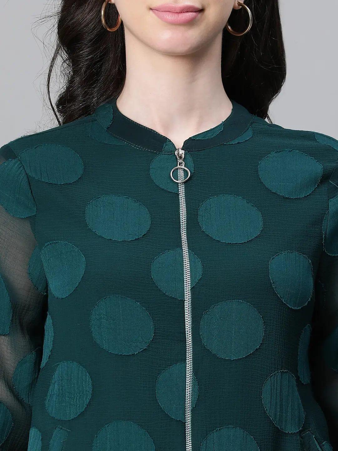Women Green Printed Zipped Long Sleeve Round Neck Elasticated Bomber Jacket