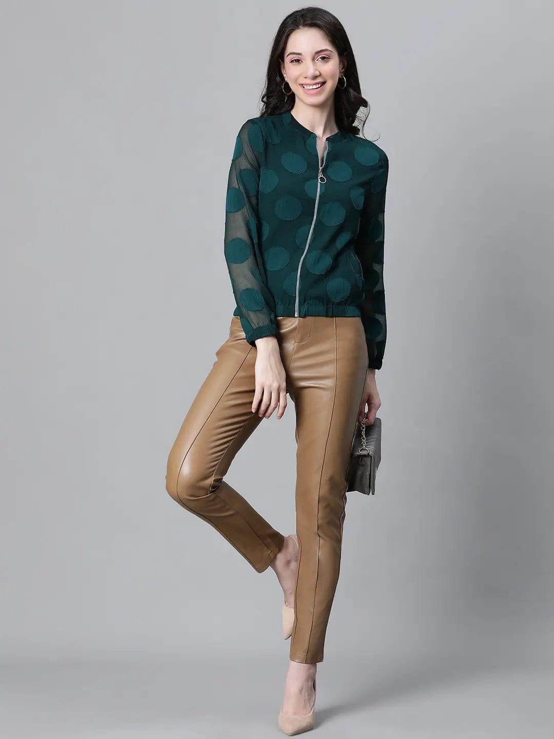 Women Green Printed Zipped Long Sleeve Round Neck Elasticated Bomber Jacket