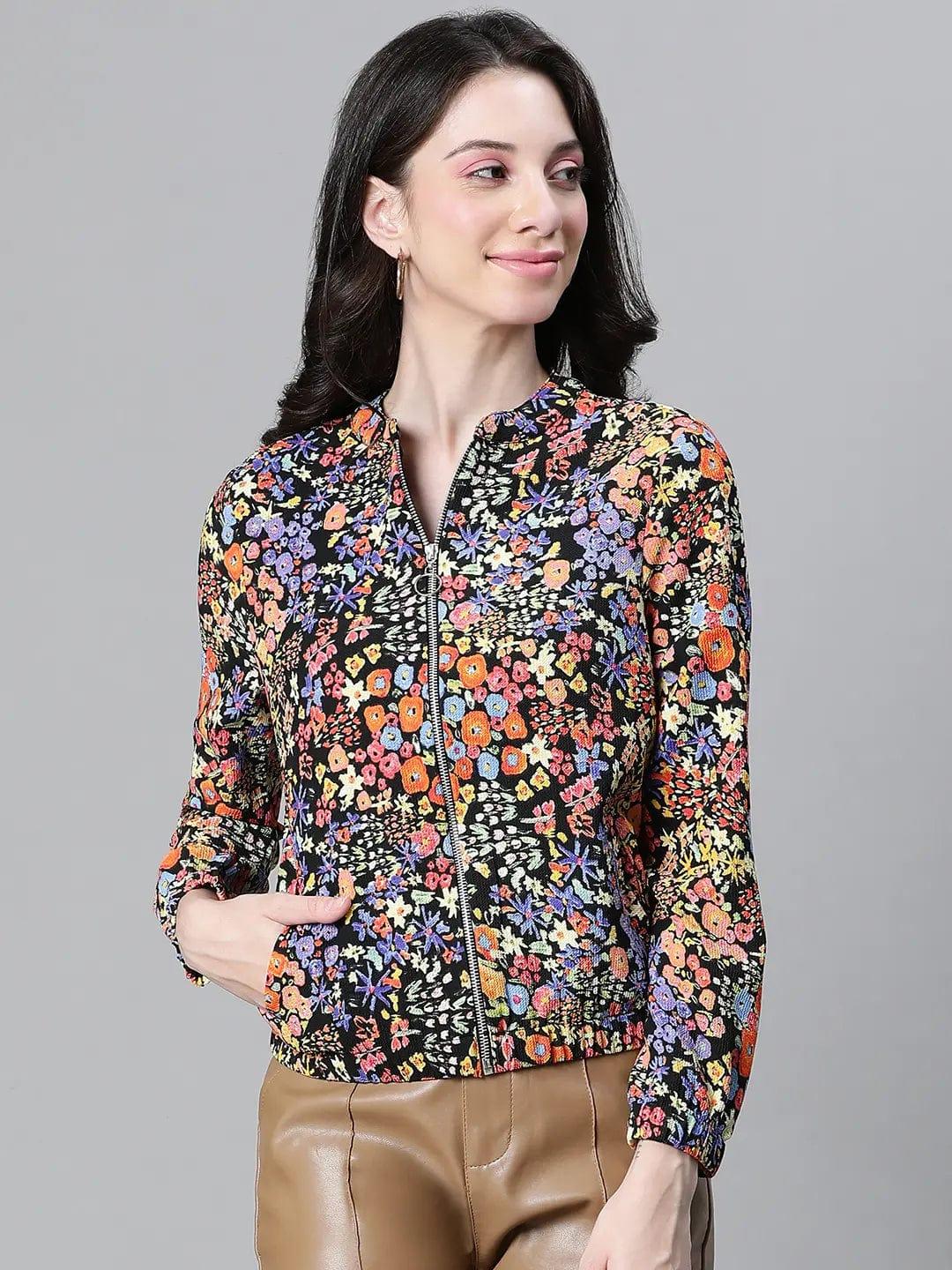 Women Multicolor Floral Print Round Neck Zip Lined Long Sleeve Bomber Jacket