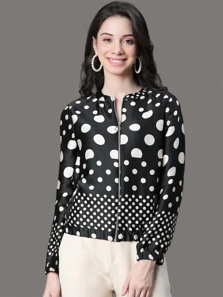 Women Black Polka Dot Bomber Jacket
