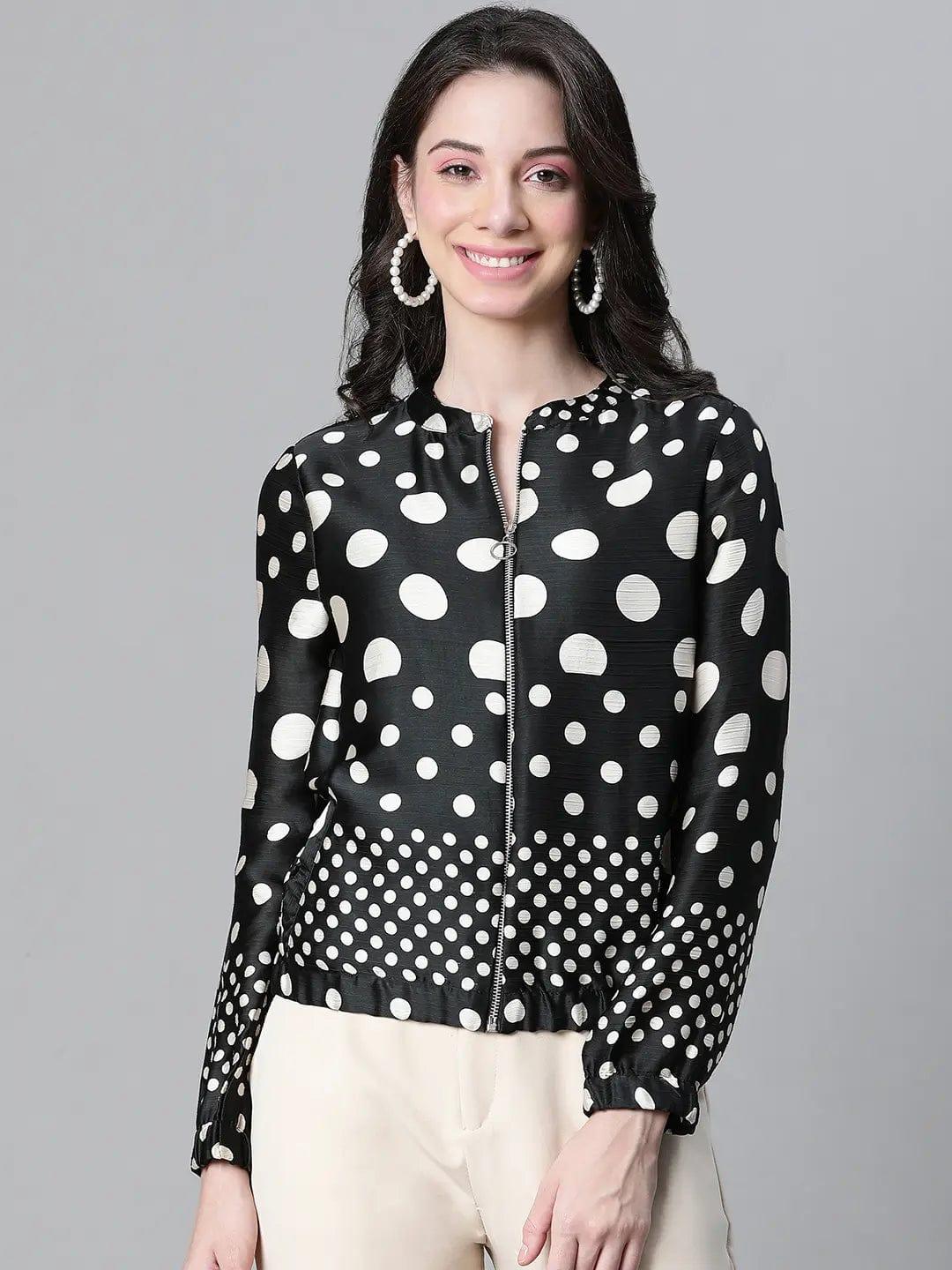 Women Black Dot Print Round Neck Zip Lined Long Sleeve Bomber Jacket