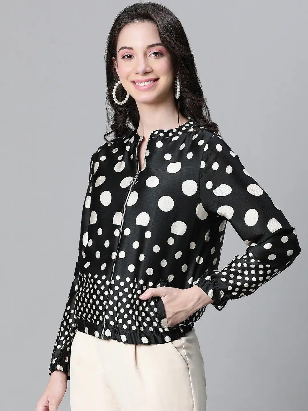 Women Black Dot Print Round Neck Zip Lined Long Sleeve Bomber Jacket