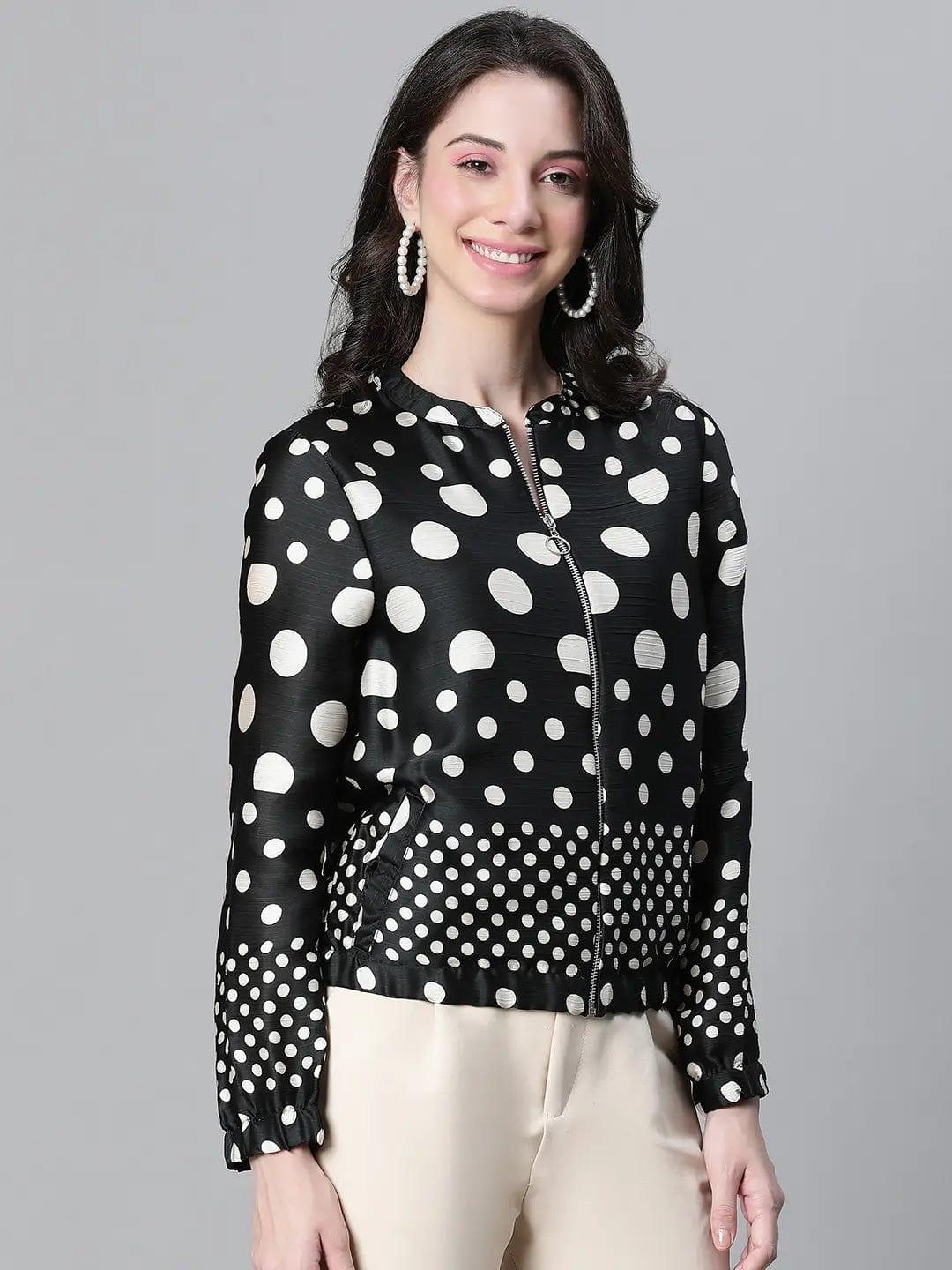 Women Black Dot Print Round Neck Zip Lined Long Sleeve Bomber Jacket