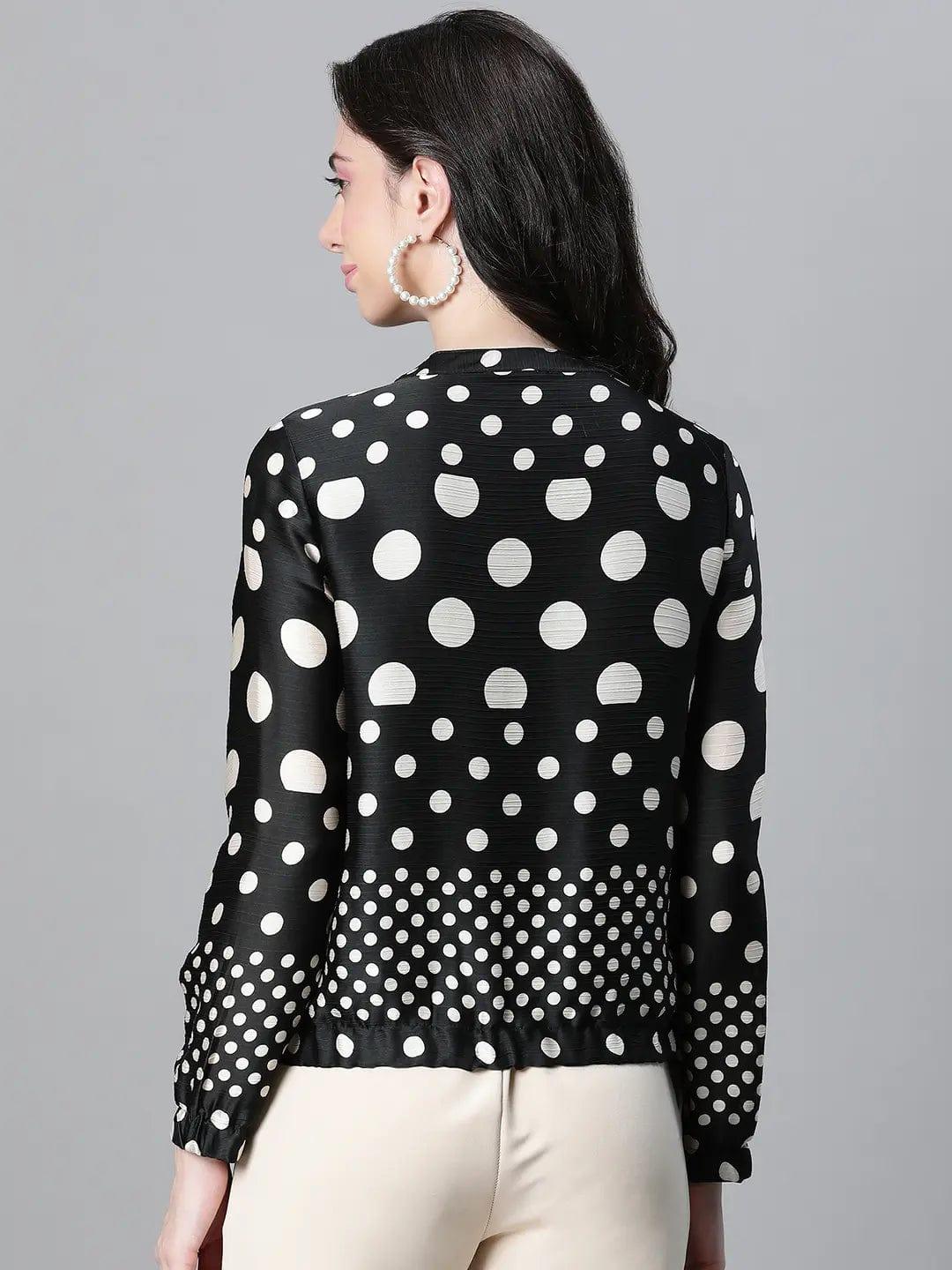 Women Black Dot Print Round Neck Zip Lined Long Sleeve Bomber Jacket