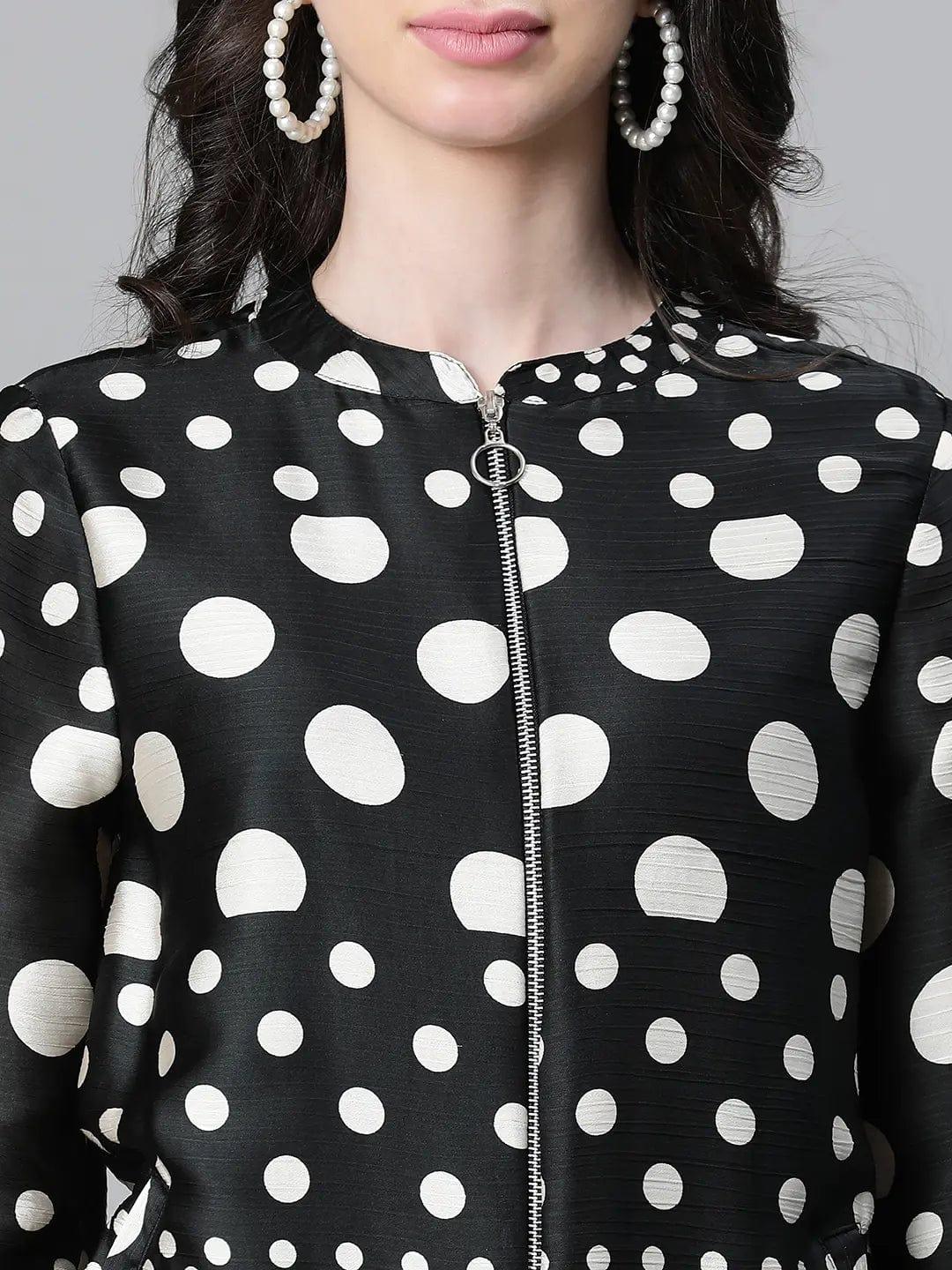 Women Black Dot Print Round Neck Zip Lined Long Sleeve Bomber Jacket