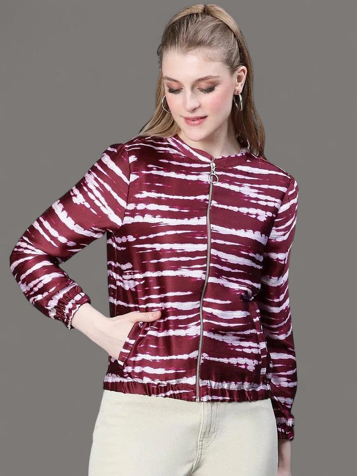 Women Wine Color Printed Round Neck Zip Lined Bomber Jacket