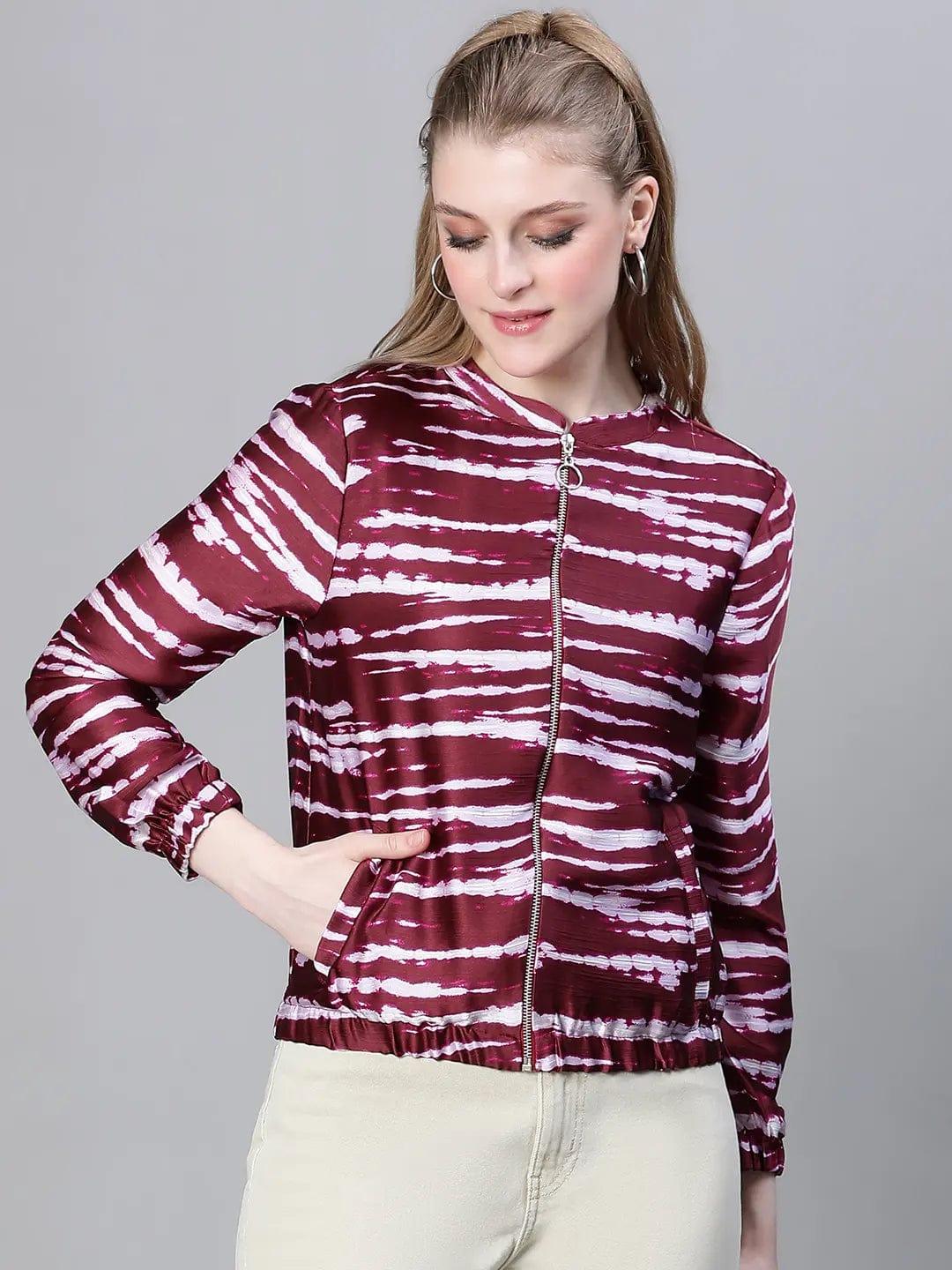 Women Wine Color Printed Round Neck Zip Lined Bomber Jacket