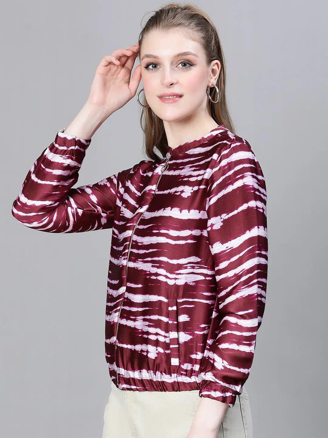 Women Wine Color Printed Round Neck Zip Lined Bomber Jacket