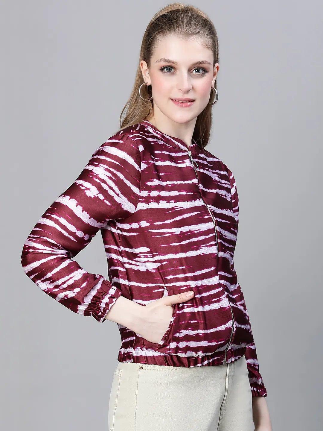 Women Wine Color Printed Round Neck Zip Lined Bomber Jacket