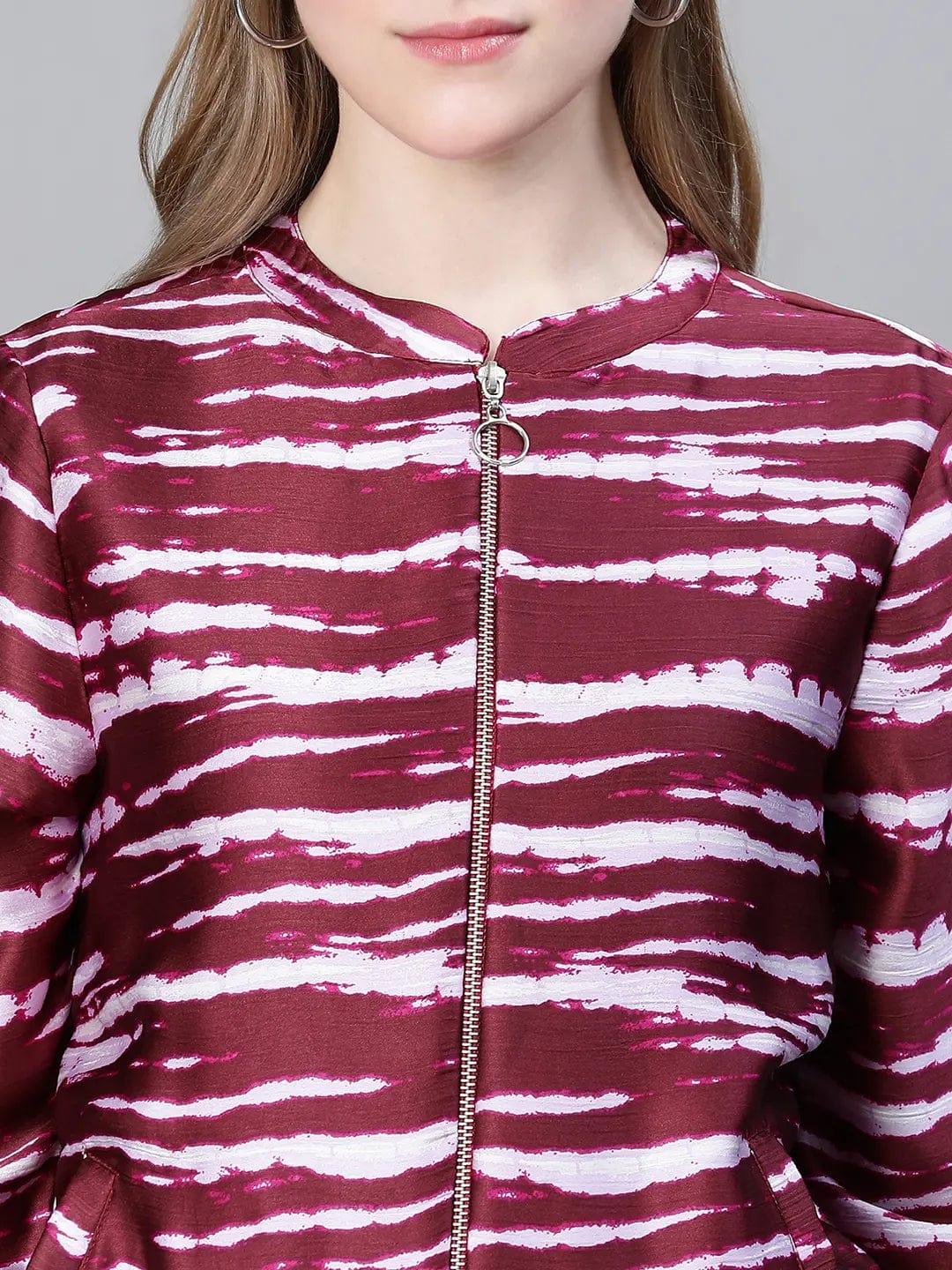 Women Wine Color Printed Round Neck Zip Lined Bomber Jacket