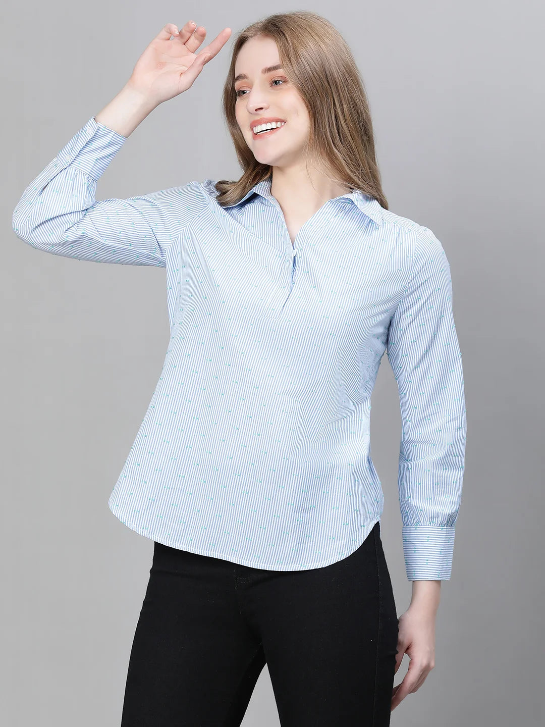 Women Blue Floral Print Long Sleeve Collared Cotton Top