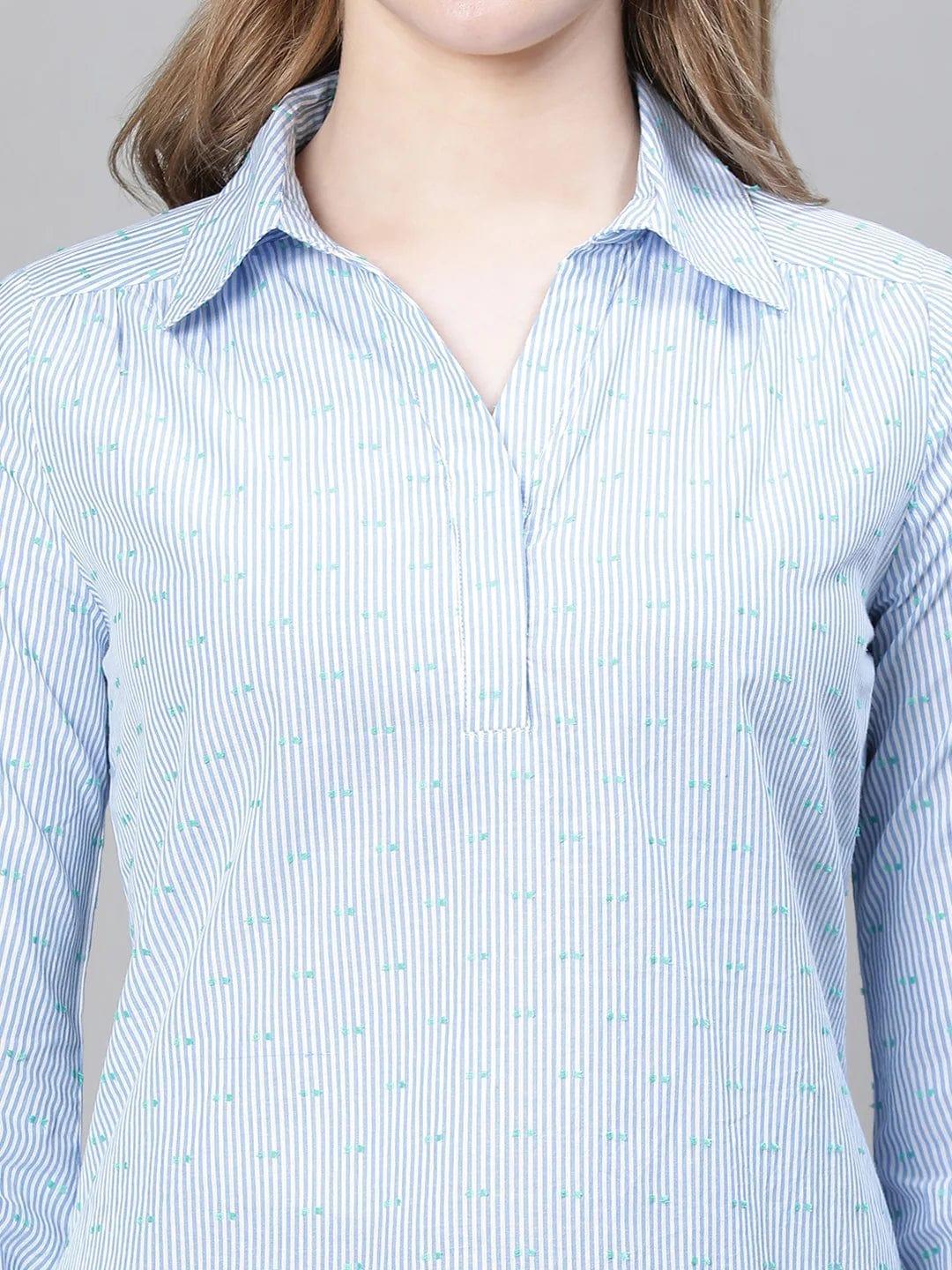 Women Blue Floral Print Long Sleeve Collared Cotton Top - oxolloxo